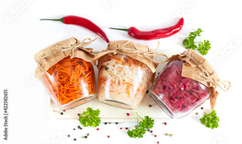 Cuadro en lienzo Healthy fermented homemade jar vegetables on isolated background