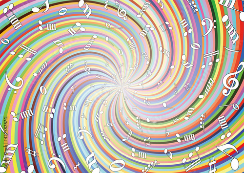 カラフルな渦を背景に踊る音符