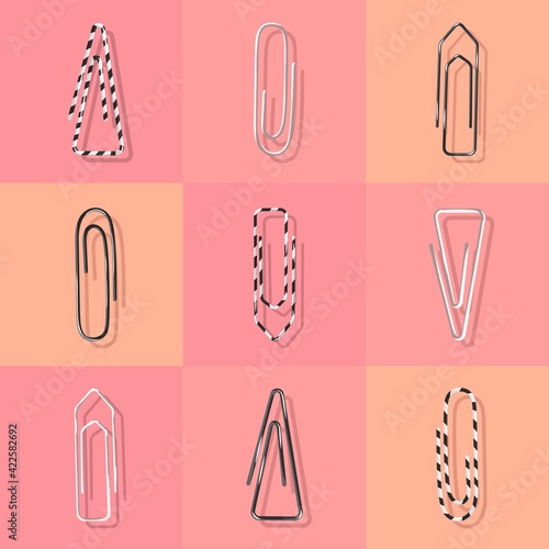 Set with isolated on pink background Paper clips in vector illustration. Stationery elements for paper work. Education helpers. Office accessories, stuff, strip ornament.