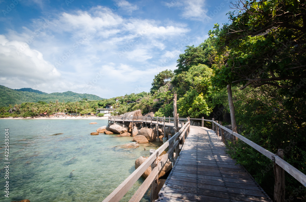 Wooden bridge along the seashore. A romantic walk along the sea