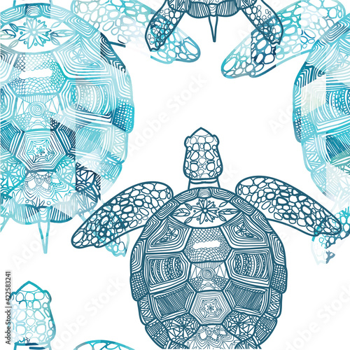 Seamless pattern with sea turtles. Marine life. Doodling, mandala pattern. Drawing by hand. Stylish background.