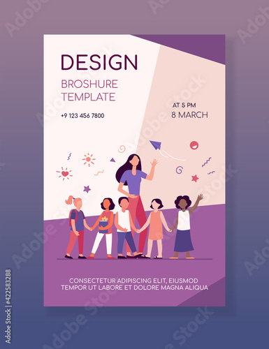 Young teacher with joyful kids isolated flat vector illustration. Cartoon happy children in kindergarten or school. Pedagogy and education concept