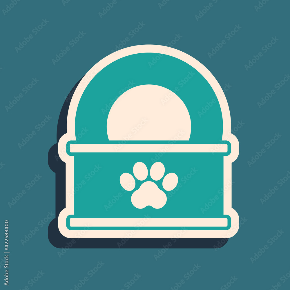 Green Canned food icon isolated on green background. Food for animals. Pet food can. Long shadow style. Vector