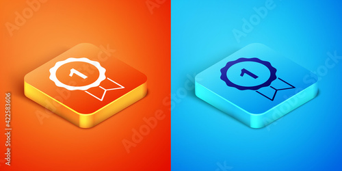 Isometric Dog award symbol icon isolated on orange and blue background. Medal with dog footprint as pets exhibition winner concept. Vector