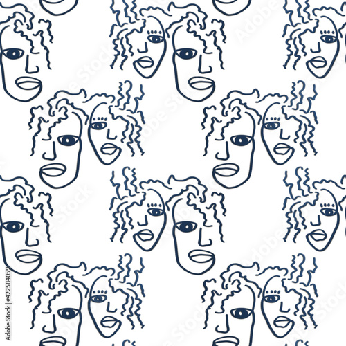 Seamless pattern, contour line, fantasy faces of a man and a woman, African style, curls, solid color background.