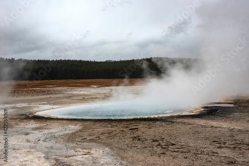 Steaming geyser landscapes in Yellowstone National Park.