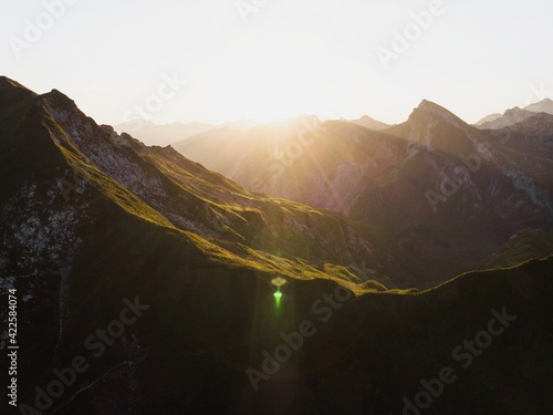 Aerial sunrise panorama of Allgaeu Allgau alps alpine nature mountain landscape near Schrecksee Bavaria Germany Austria