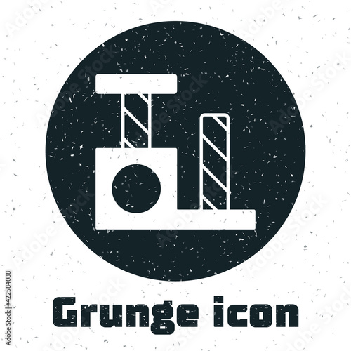 Grunge Cat scratching post with toy icon isolated on white background. Monochrome vintage drawing. Vector
