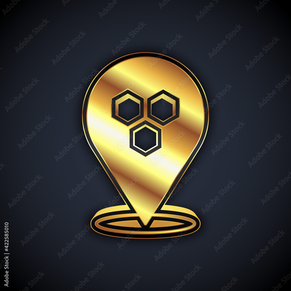 Gold Honeycomb bee location map pin pointer icon isolated on black background. Farm animal map pointer. Vector Gold Honeycomb bee location map pin pointer icon isolated on black background. Farm animal map pointer. Vector