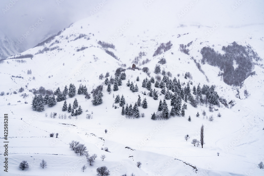 Snowy winter mountains in Georgia. Caucasus Mountains