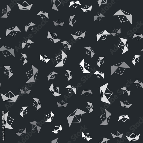 Grey Folded paper boat icon isolated seamless pattern on black background. Origami paper ship. Vector