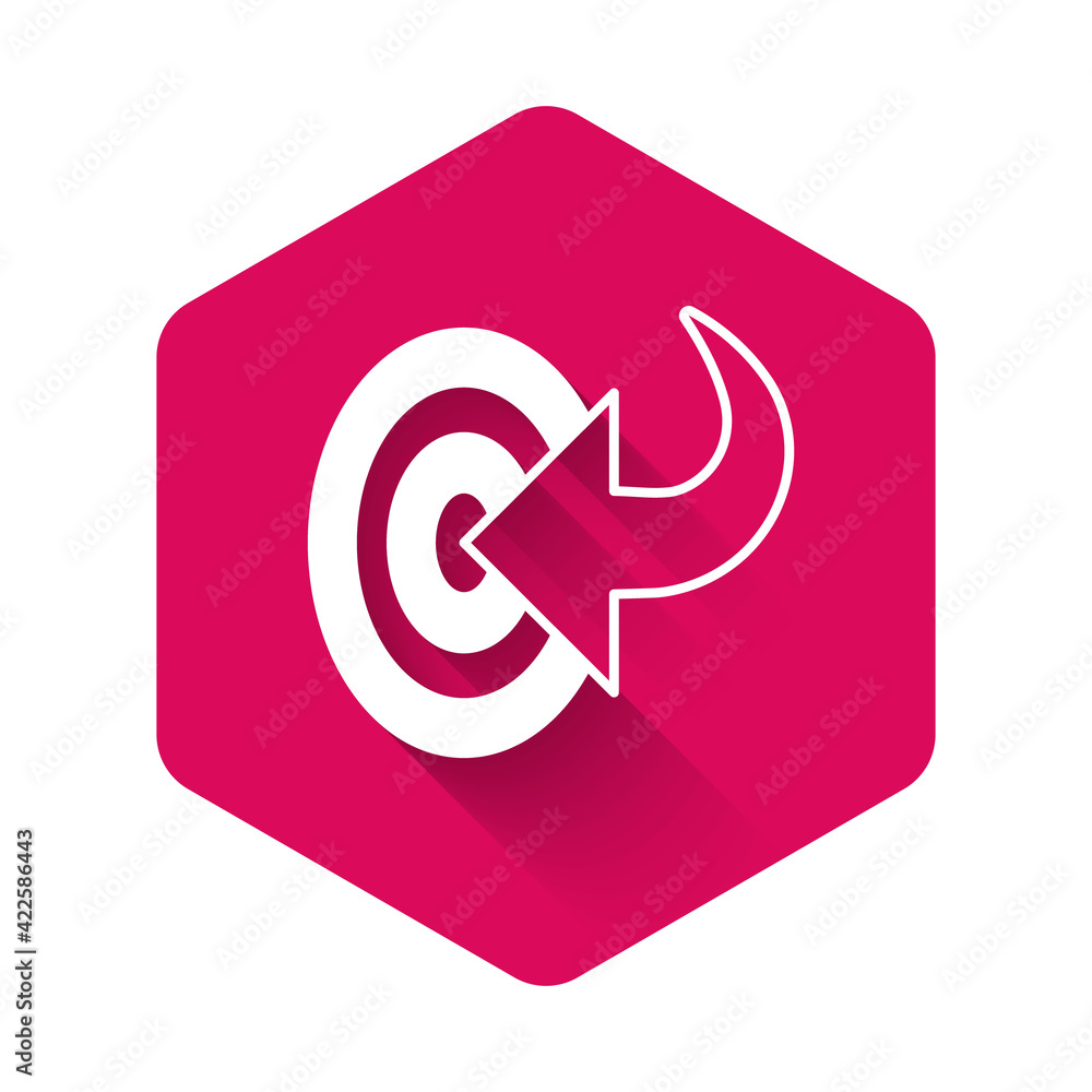 White Target financial goal concept icon isolated with long shadow background. Symbolic goals achievement, success. Pink hexagon button. Vector White Target financial goal concept icon isolated with long shadow background. Symbolic goals achievement, success. Pink hexagon button. Vector