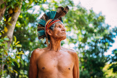 Obraz na płótnie Indian from the Pataxó tribe, with feather headdress