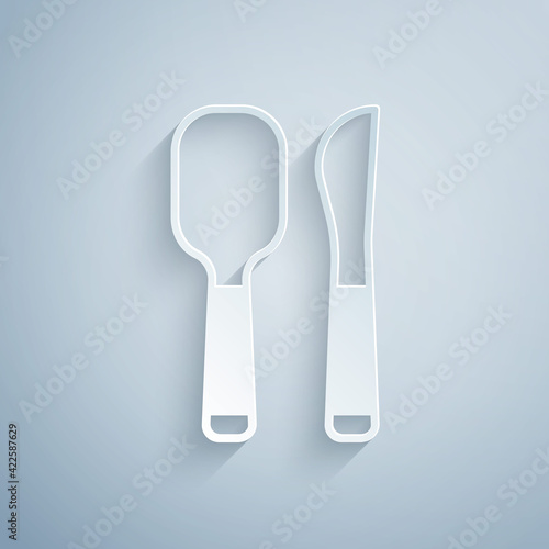 Paper cut Knife and spoon icon isolated on grey background. Cooking utensil. Cutlery sign. Paper art style. Vector
