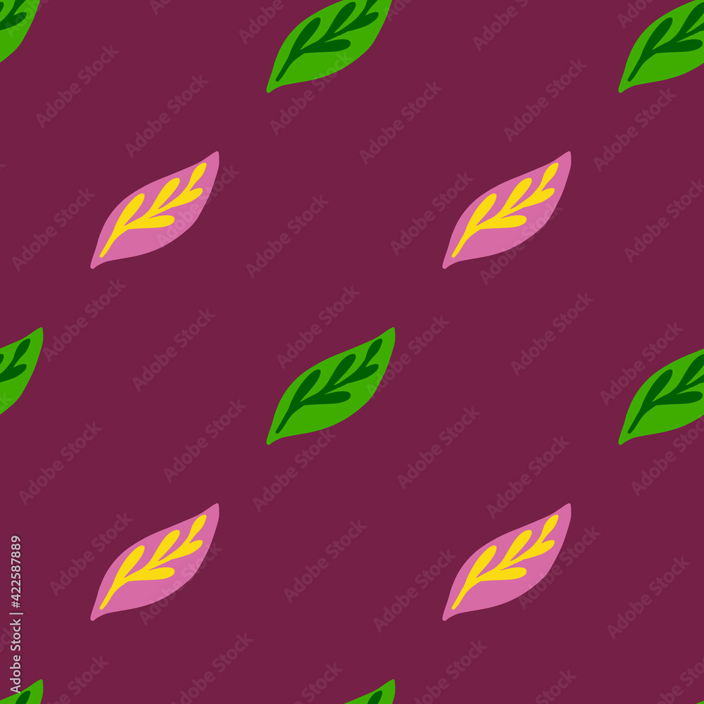 Minimalistic botanic seamless pattern with green and lilac leaf silhouettes. Purple dark background. Minimalistic botanic seamless pattern with green and lilac leaf silhouettes. Purple dark background.