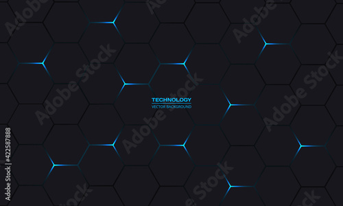 Dark hexagonal technology vector abstract background. Blue bright energy flashes under hexagon in modern dark technology futuristic background vector illustration. Black honeycomb texture grid.