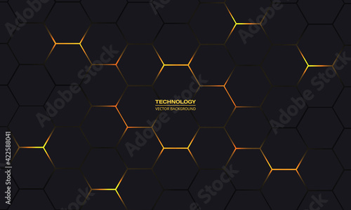 Black and yellow hexagonal technology vector abstract background. Yellow bright energy flashes under hexagon in modern technology futuristic background illustration. Dark gray honeycomb texture grid.