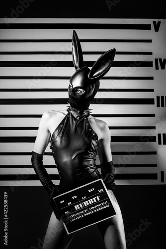 Sexy playboy girl in black leather suit in the background of mugshot ruler