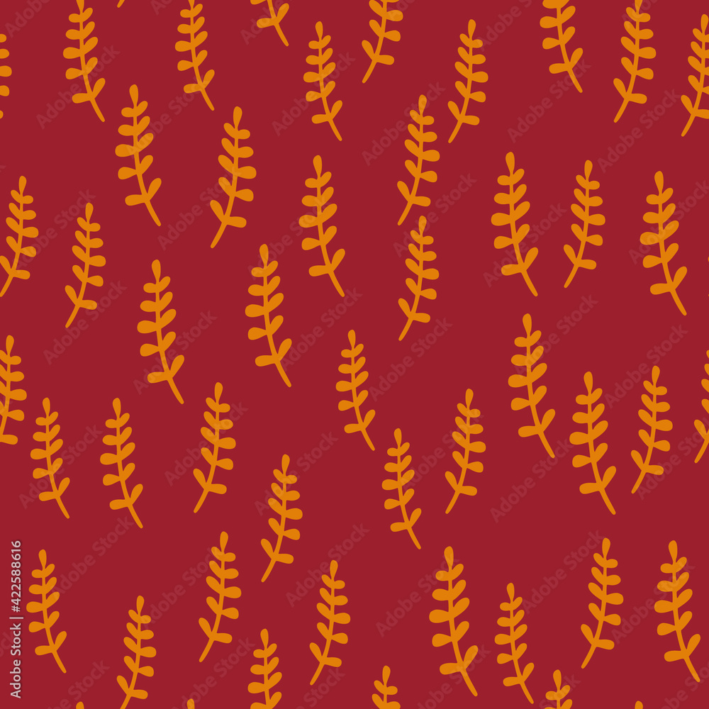 Autumn tones seamless pattern with bright orange tropic branch elements. Red maroon background. Autumn tones seamless pattern with bright orange tropic branch elements. Red maroon background.