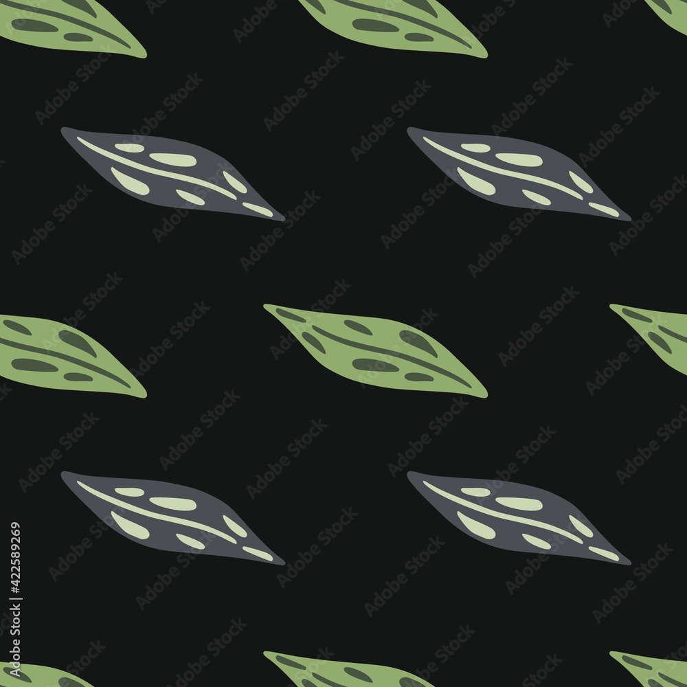 Obraz premium Minimalistic abstract style seamless pattern with simple leaves ornament. Black background.