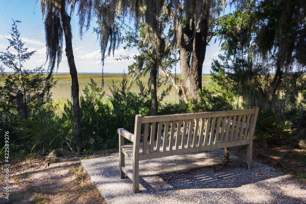 Wooden bench overlooking a coastal marsh Wooden bench overlooking a coastal marsh