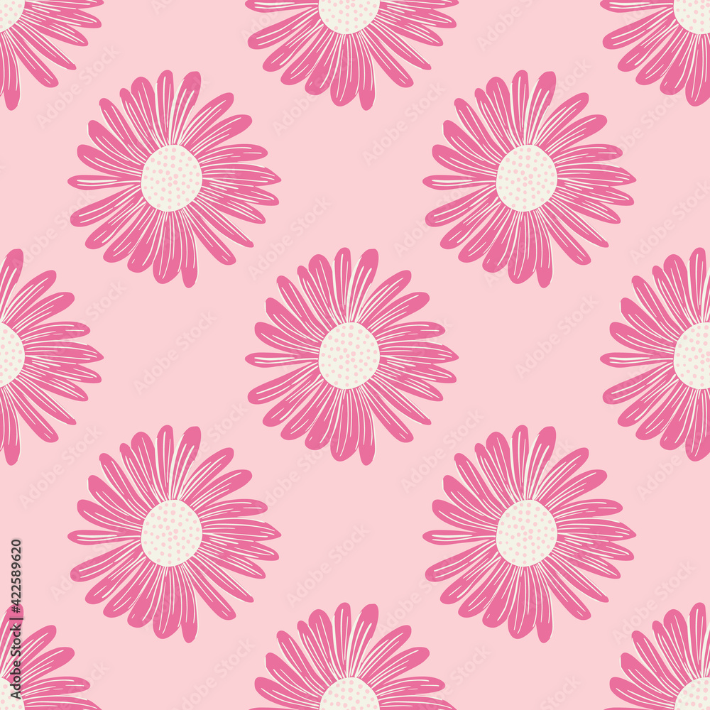Summer seamless pattern in pink bright tones with hand drawn daisy flower bud ornament. Blossom print.