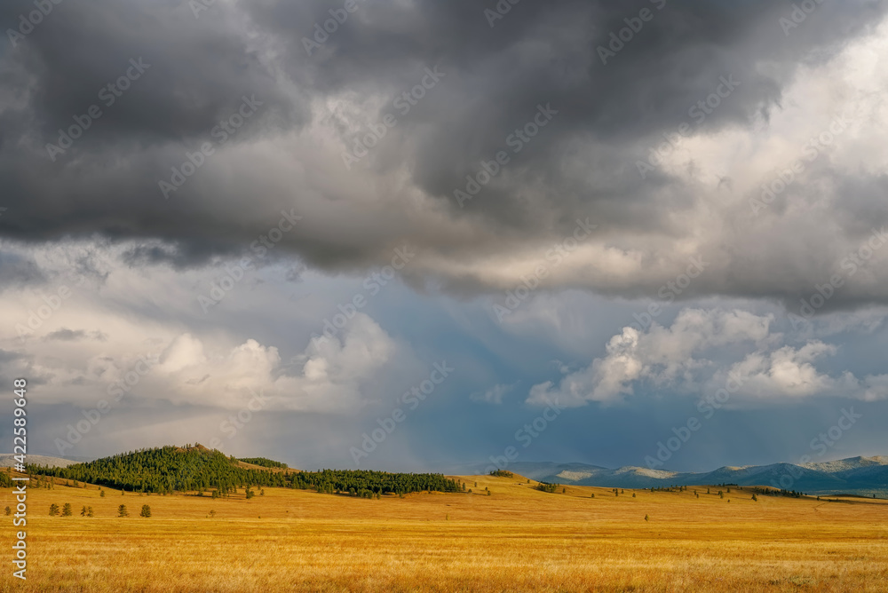 Fields and open spaces in the steppes of Tuva against the background of sunset clouds in autumn it is time to harvest cereals