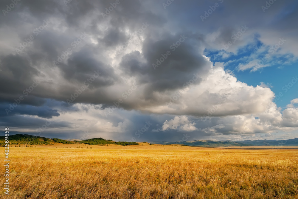 Fields and open spaces in the steppes of Tuva against the background of sunset clouds in autumn it is time to harvest cereals