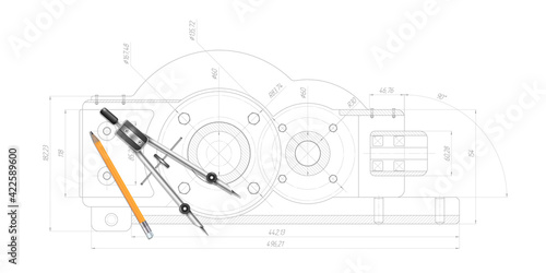 Technical drawing background.School education.Pencil, compasses.Engineering technical banner .Vector illustration .