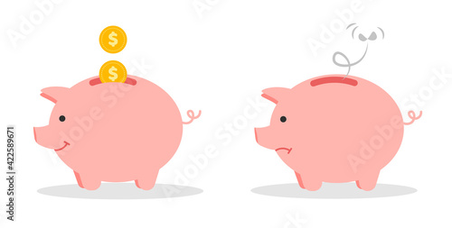 Happy full and sad empty piggy bank. Vector illustration in trendy flat style.