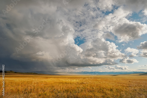 Rainy fields and open spaces in the steppes of Tuva against the background of sunset clouds in autumn it is time to harvest cereals