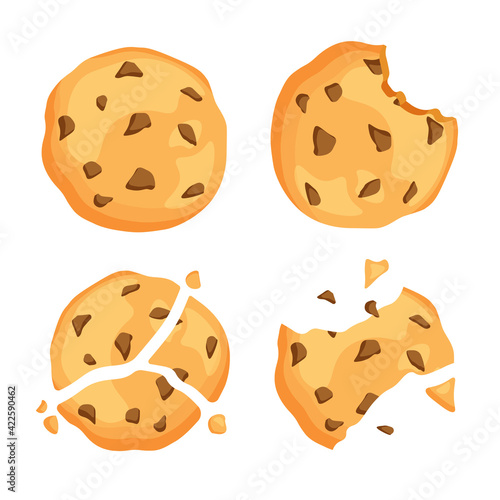 Traditional chip cookies with crumbs. Bitten and broken cookie with chocolate. Vector illustration isolated on white background.