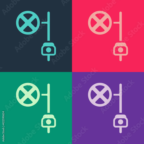 Pop art Stop sign with camera icon isolated on color background. Traffic regulatory warning stop symbol. Vector