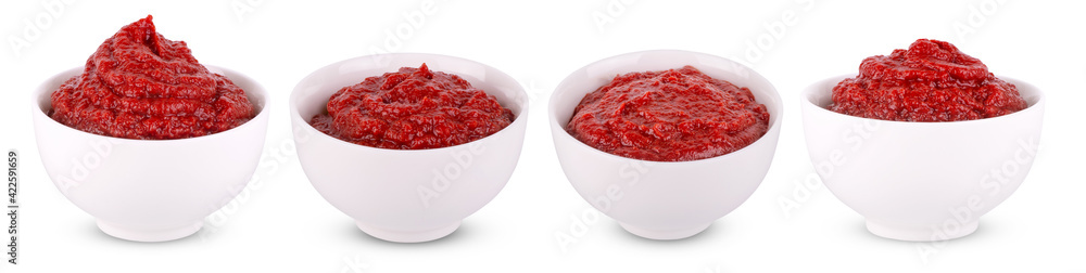 Set of White bowl of tomato sauce or ketchup isolated on a white background Set of White bowl of tomato sauce or ketchup isolated on a white background