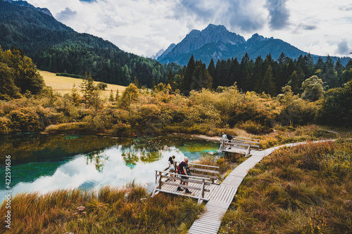 Nature Reserve Zelenci, krajnska gora, Slovenia, Europe. Wonderful morning view of Zelenci nature reserve. Slovenia travel. photo