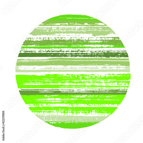 Rough circle vector geometric shape with striped texture of ink horizontal lines. Old paint texture disk. Stamp round shape logotype circle with grunge background of stripes.