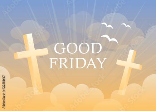Good Friday sunny heaven background vector. Beautiful sunny blue orange sky background vector. Christian holiday commemorating the crucifixion of Jesus vector illustration. Religious heaven poster