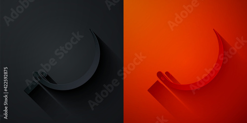 Paper cut Sickle icon isolated on black and red background. Reaping hook sign. Paper art style. Vector
