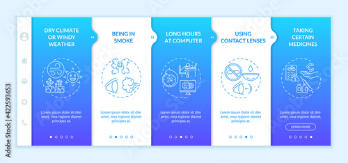 Dry eye causes onboarding vector template. Long hours working at computer. Using contact lenses. Responsive mobile website with icons. Webpage walkthrough step screens. RGB color concept