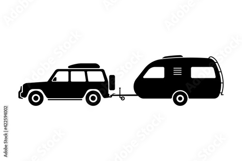 SUV with trailer caravan icon. Motorhome. Black silhouette. Side view. Vector simple flat graphic illustration. The isolated object on a white background. Isolate.