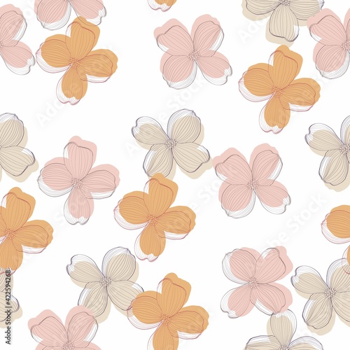 Dogwood flowers seamless pattern. Cornus florida.  Line drawing. White background.