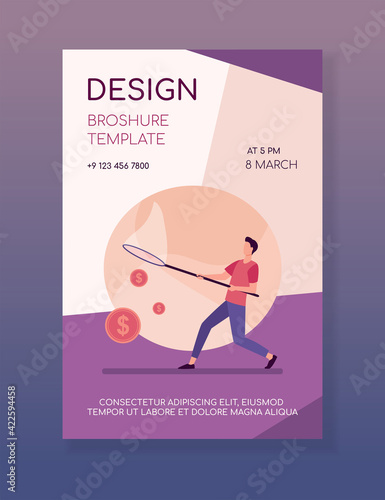 Man catching money with butterfly net. Cash, coins, dollar flat vector illustration. Finance, earning, income concept for banner, website design or landing web page