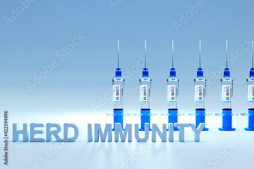 row of covid 19 sarsCov syringes with vaccine against pandemic; conceptual vaccination herd immunity; 3D Illustration photo