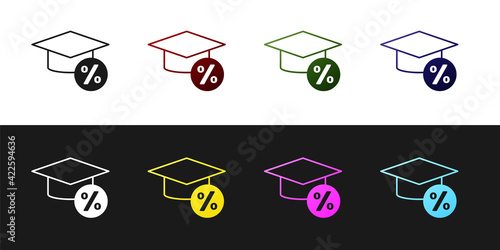 Set Graduation cap and coin icon isolated on black and white background. Education and money. Concept of scholarship cost or loan, tuition or study fee. Vector