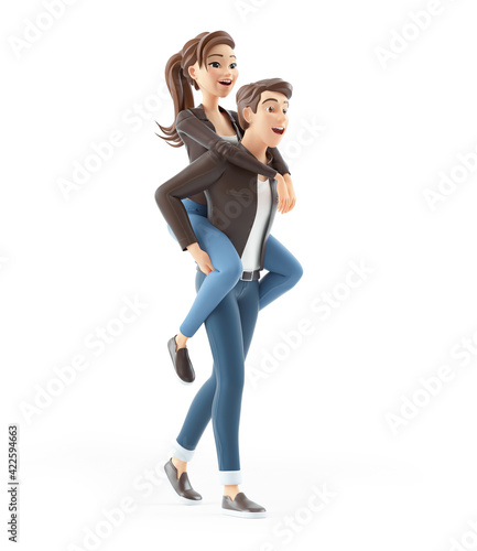3d cartoon man carrying woman on his back