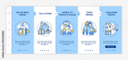 Inspiration speeches for audience onboarding vector template. Motivation information and encourage employees. Responsive mobile website with icons. Webpage walkthrough step screens. RGB color concept