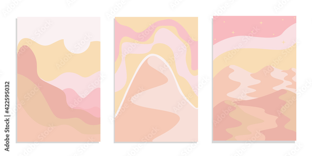 Desert abstract boho landscape with sun and moon in pink color. Abstract vector contemporary aesthetic background in Earth tones. Set of posters. Desert abstract boho landscape with sun and moon in pink color. Abstract vector contemporary aesthetic background in Earth tones. Set of posters.
