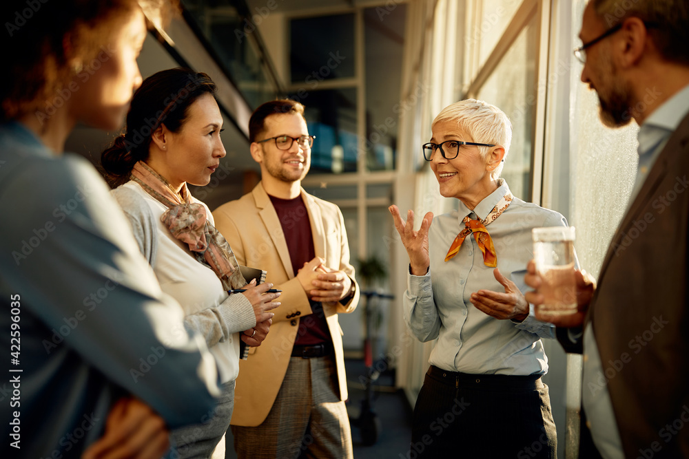 Mature businesswoman talking to group of co-workers while holding staff meeting in the office. Mature businesswoman talking to group of co-workers while holding staff meeting in the office.