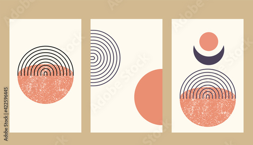 Abstract aesthetic boho textured background with arch and sun. Vector wall decor in terracota color. Mid century modern minimalist art design.