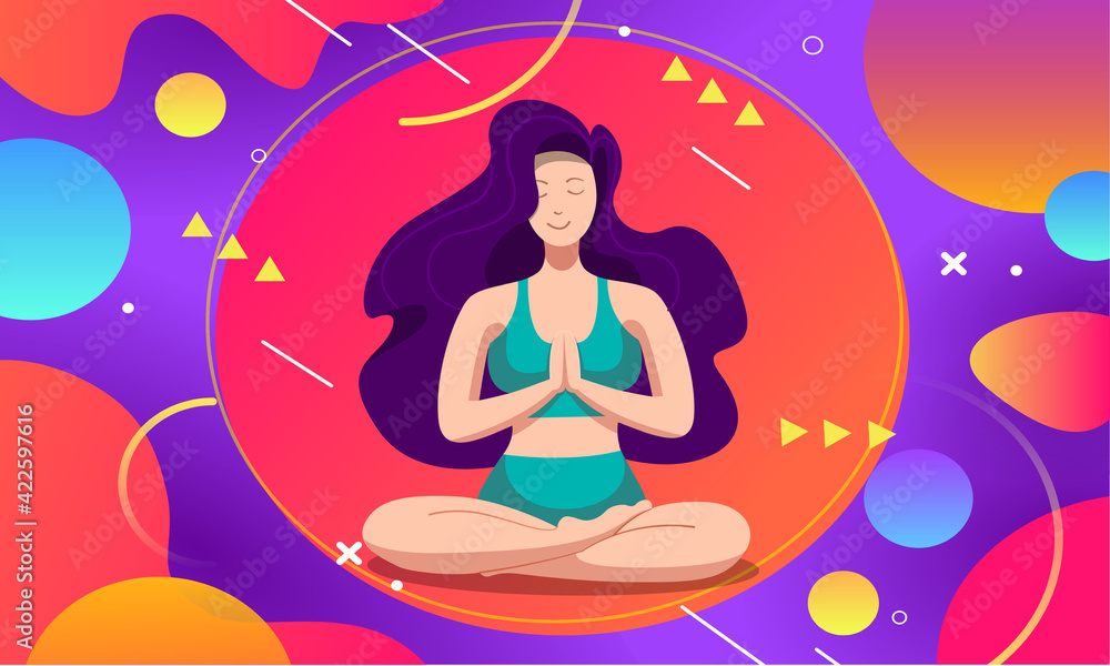Woman meditating with abstract colorful background. Healthy person sitting, relaxing practicing yoga, meditation, relaxation.